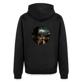 Urbane Wehmut: Zwischen Beton und Träumen - Unisex Premium Bio Zip Hoodie - Schwarz - Hinten - Nico (187cm)