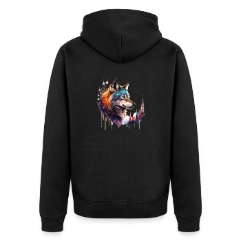 Wolfsglanz: Majestätischer Wolfskopf - Unisex Premium Bio Zip Hoodie - Schwarz - Hinten - Nico (187cm)