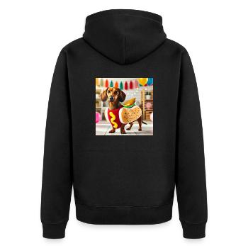 Süßer Dackel im Hotdog-Kostüm auf einer Party. - Unisex Premium Bio Zip Hoodie - Schwarz - Hinten - Nico (187cm)
