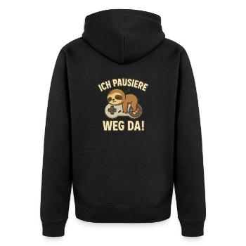 Ich pausiere – Weg da! | Faultier-Gamer-Shirt - Unisex Premium Bio Zip Hoodie - Schwarz - Hinten - Nico (187cm)