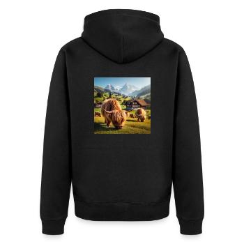 Fluffy Highland cattle grazing - Unisex Premium Bio Zip Hoodie - Schwarz - Hinten - Nico (187cm)