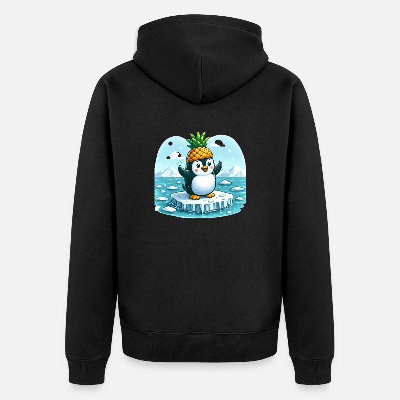 Witziger Pinguin mit Ananas auf Eisscholle - Unisex Premium Bio Zip Hoodie - Schwarz