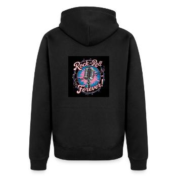"Rock and Roll Forever" Vintage Musik T-Shirt Desi - Unisex Premium Bio Zip Hoodie - Schwarz - Hinten - Nico (187cm)