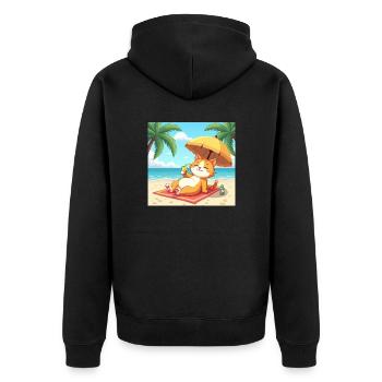 Cat on the beach in the sun with drink - cartoon - Unisex Premium Organic Zip Hoodie - black - Back - Nico (187cm)