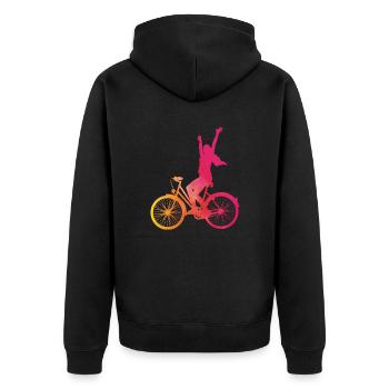 Femme en rose sur un vélo - Veste à capuche bio Premium Unisexe - noir - Dos - Nico (187cm)