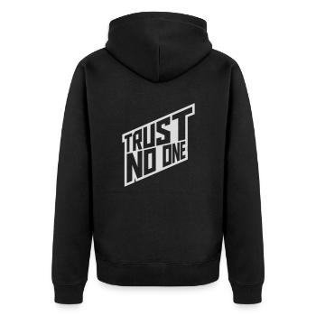 trust no one Zitat - Unisex Premium Bio Zip Hoodie - Schwarz - Hinten - Nico (187cm)