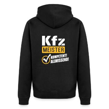 Kfz Meister Kompetenz (Schriftzug) - Unisex Premium Bio Zip Hoodie - Schwarz - Hinten - Nico (187cm)