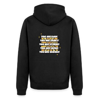 Liste mit positiven Affirmationen Sonnenblume - Unisex Premium Bio Zip Hoodie - Schwarz - Hinten - Nico (187cm)