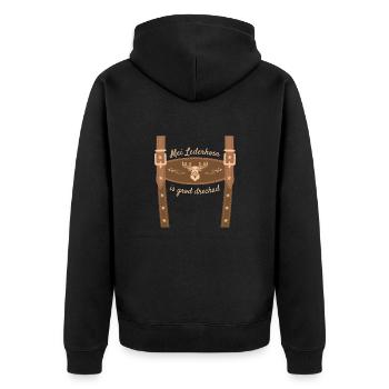Mei Lederhosn Is Grod Dreckad Lederhose Ersatz - Unisex Premium Bio Zip Hoodie - Schwarz - Hinten - Nico (187cm)