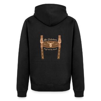 Mei Lederhosn Trog Heit Da Hirsch Lederhose Ersatz - Unisex Premium Bio Zip Hoodie - Schwarz - Hinten - Nico (187cm)