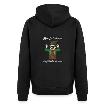 Mei Lederhosn Drogt Heit Mei Sohn Lederhose Ersatz - Unisex Premium Bio Zip Hoodie - Schwarz - Hinten - Nico (187cm)