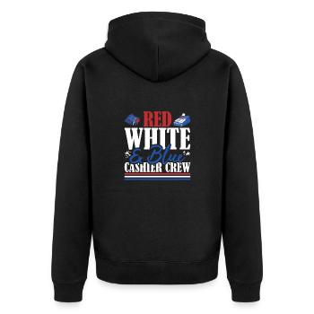 Veteran US Flag Red White & Blue Cashier Crew - Unisex Premium Bio Zip Hoodie - Schwarz - Hinten - Nico (187cm)