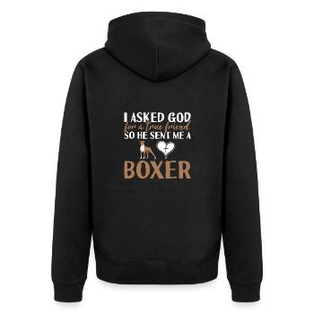 I Asked God For A True Friend Boxer - Unisex Premium Bio Zip Hoodie - Schwarz - Hinten - Nico (187cm)