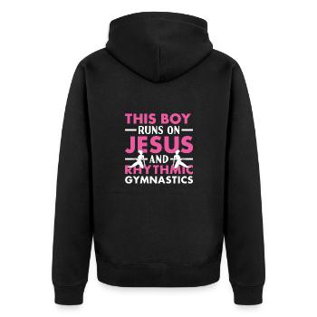 Un garçon gymnaste court sur Jésus et la gymnastique rythmique - Veste à capuche bio Premium Unisexe - noir - Dos - Nico (187cm)