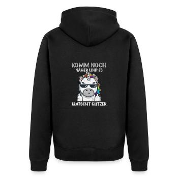 Komm Noch Näher & Es Klatscht Glitzer Mittelfinger - Unisex Premium Bio Zip Hoodie - Schwarz - Hinten - Nico (187cm)