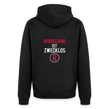 Widerstand Ist Zwecklos - Unisex Premium Bio Zip Hoodie - Schwarz - Hinten - Nico (187cm)