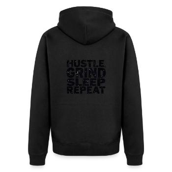 HUSTLE GRIND SLEEP REAPEAT - Unisex Premium Bio Zip Hoodie - Schwarz - Hinten - Nico (187cm)