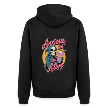 Rétro Grim Reaper Design Anxieux mais vivant avec chignon - Veste à capuche bio Premium Unisexe - noir - Dos - Nico (187cm)