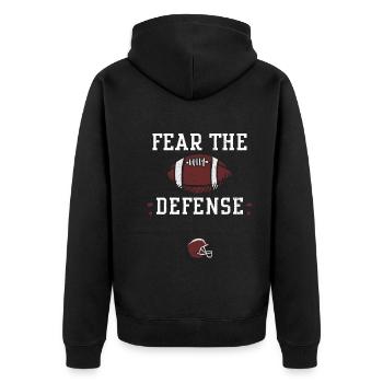 Fear the defense - Football - Unisex Premium Bio Zip Hoodie - Schwarz - Hinten - Nico (187cm)