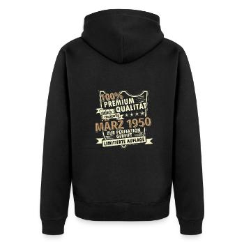 73. Geburtstag März Jahrgang 1950 Geschenkidee - Unisex Premium Bio Zip Hoodie - Schwarz - Hinten - Nico (187cm)