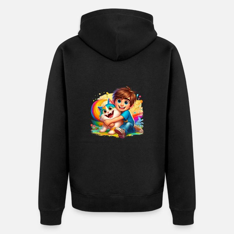 Junge mit süßer Katze - Unisex Premium Bio Zip Hoodie - Schwarz