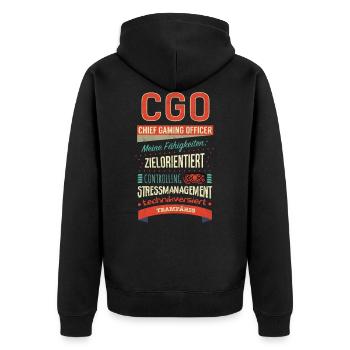 Chief Gaming Officer - CGO - Unisex Premium Bio Zip Hoodie - Schwarz - Hinten - Nico (187cm)