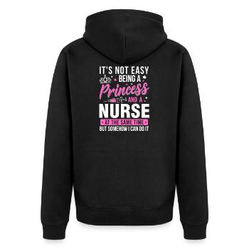 Krankenschwester Shirt · Krankenpflege Prinzessin - Unisex Premium Bio Zip Hoodie - Schwarz - Hinten - Nico (187cm)