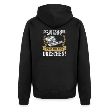 Landwirtschaft Shirt · Bauernhof · Dreschen? - Unisex Premium Bio Zip Hoodie - Schwarz - Hinten - Nico (187cm)