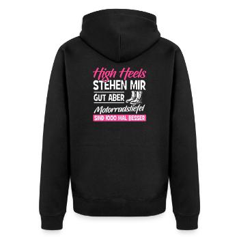 Motorrad Frau Shirt · Superbikerin · Stöckelschuhe - Unisex Premium Bio Zip Hoodie - Schwarz - Hinten - Nico (187cm)