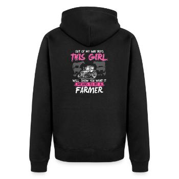 Landwirtin Traktor Frau Geschenk · Aus dem Weg - Unisex Premium Bio Zip Hoodie - Schwarz - Hinten - Nico (187cm)
