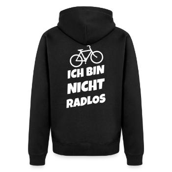 Ich bin nicht radlos - Unisex Premium Bio Zip Hoodie - Schwarz - Hinten - Nico (187cm)