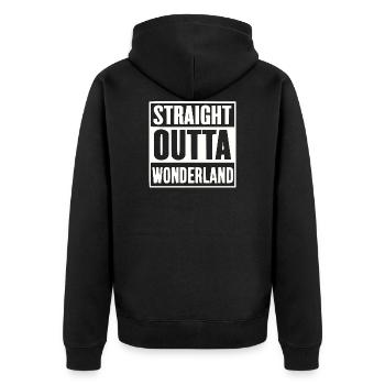 Straight Outta Wonderland - white display - Unisex Premium Bio Zip Hoodie - Schwarz - Hinten - Nico (187cm)