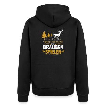 Jäger Jagd Geschenkidee mit Hirsch & Gewehr - Unisex Premium Bio Zip Hoodie - Schwarz - Hinten - Nico (187cm)