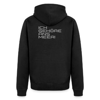 "ICH GEHÖRE ANS MEER" Schriftzug grau - Unisex Premium Bio Zip Hoodie - Schwarz - Hinten - Nico (187cm)
