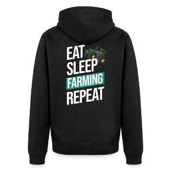 Essen Schlafen Farm Spruch - Unisex Premium Bio Zip Hoodie - Schwarz - Hinten - Nico (187cm)