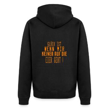 Glück ist wenn mir keiner auf die Eier geht Spruch - Unisex Premium Bio Zip Hoodie - Schwarz - Hinten - Nico (187cm)