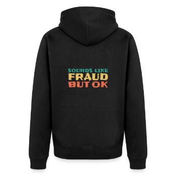 Klingt nach Betrug, aber ok, grün, gelb, orange - Unisex Premium Bio Zip Hoodie - Schwarz - Hinten - Nico (187cm)