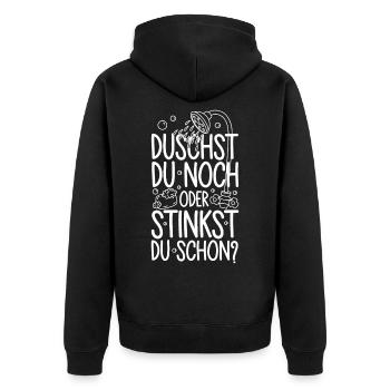 Duschst du noch oder stinkst Du schon? Winter - Unisex Premium Bio Zip Hoodie - Schwarz - Hinten - Nico (187cm)