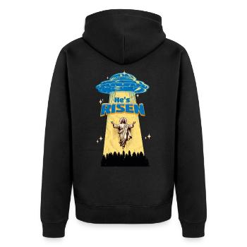Funny Jesus Shirt - He is risen - Ufo Meme - Unisex Premium Organic Zip Hoodie - black - Back - Nico (187cm)