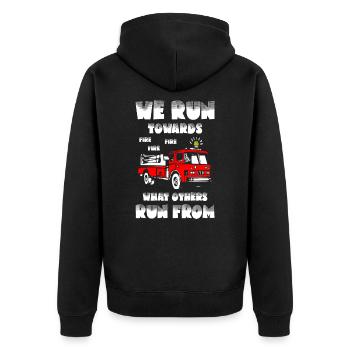 We run towards what others run from Fire Fighters - Unisex Premium Bio Zip Hoodie - Schwarz - Hinten - Nico (187cm)