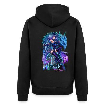 Anime Inspired Dragon Girl sitting on a D20 Die - Unisex Premium Organic Zip Hoodie - black - Back - Nico (187cm)