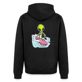 Alien is surfing the Ocean Waves 1 - Unisex Premium Bio Zip Hoodie - Schwarz - Hinten - Nico (187cm)