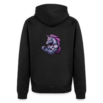 Einhorn Muskeln Bodybuilding - Unisex Premium Bio Zip Hoodie - Schwarz - Hinten - Nico (187cm)