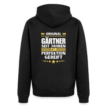Zur Perfektion gereifter Gärtner - Unisex Premium Bio Zip Hoodie - Schwarz - Hinten - Nico (187cm)