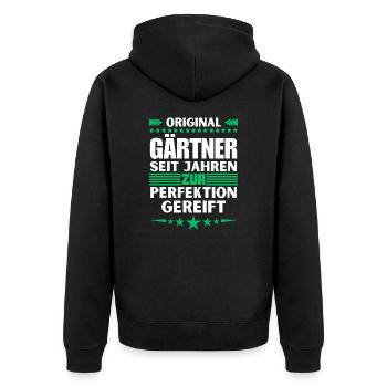 Zur Perfektion gereifter Gärtner - Unisex Premium Bio Zip Hoodie - Schwarz - Hinten - Nico (187cm)