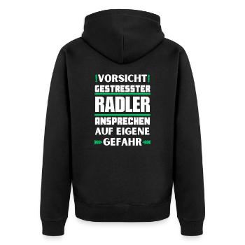 Gestresster Radler nicht ansprechen! - Unisex Premium Bio Zip Hoodie - Schwarz - Hinten - Nico (187cm)