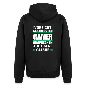 Don't appeal to stressed gamers! - Unisex Premium Organic Zip Hoodie - black - Back - Nico (187cm)