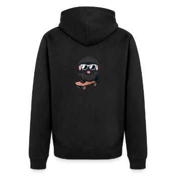 Hund Mops auf Skateboard - Unisex Premium Bio Zip Hoodie - Schwarz - Hinten - Nico (187cm)