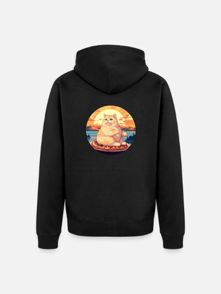 Sunset Feast: Chubby Cat Enjoys - Unisex Premium Organic Zip Hoodie - black
