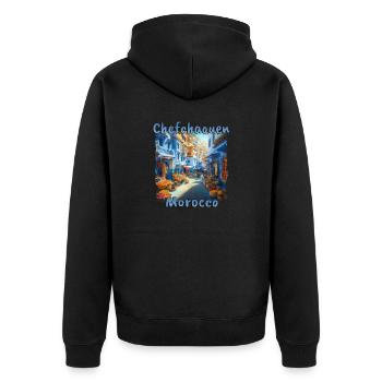 Chefchaouen, Maroc - Les ruelles colorées de la vieille ville - Veste à capuche bio Premium Unisexe - noir - Dos - Nico (187cm)